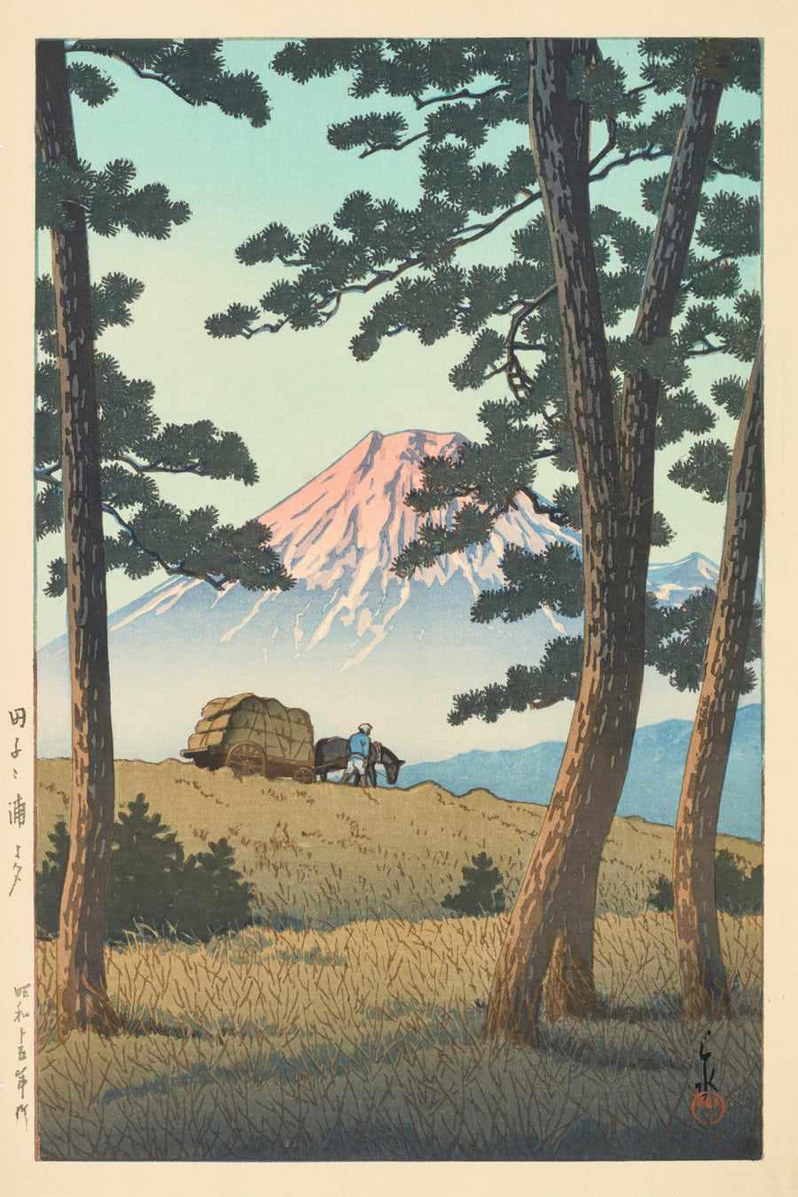 Shin-Hanga styled Haystacks and Mount Fuji