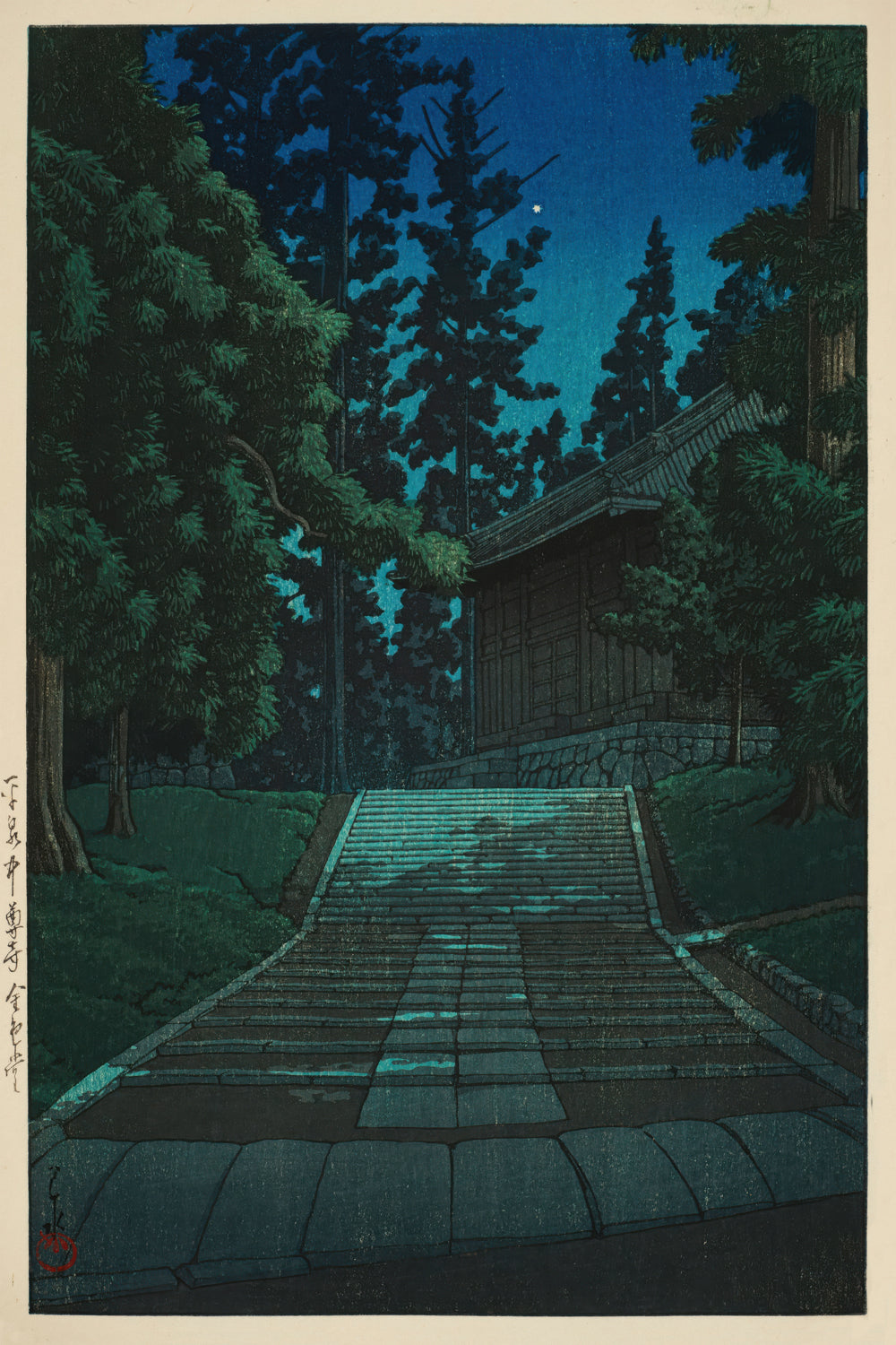 Shin-Hanga styled Night Stairs and Pines